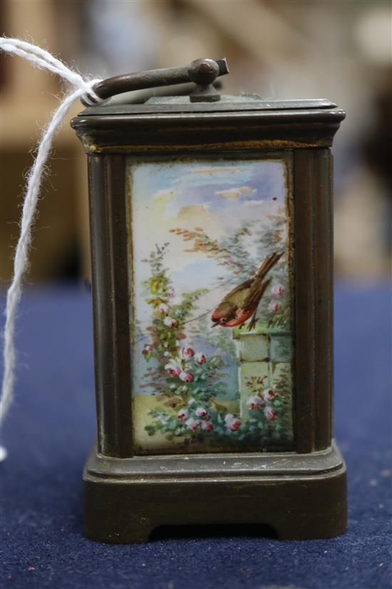 A French brass and enamel miniature carriage timepiece height 8cm